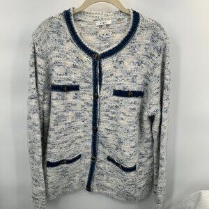 Sioni XL Blue & White Knit Cardigan Sweater With Denim Accents & Button Front
